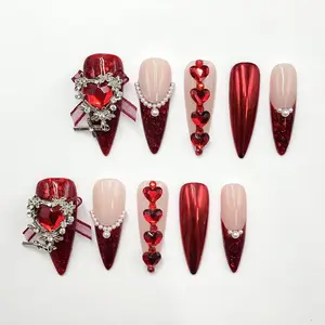 Popular Valentine's Day Press on Mid Tip (30cm) Nail Art! Red crystal+pearl pendant+red chrome+glitter+3D heart-shaped rhinestone and pearl