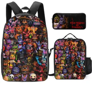 3-Piece Cartoon Backpack Set (3D Print) – Five Nights at Freddy's Theme: School Backpack, Insulated Lunch Bag, and Pencil Case for Boys and Girls (Back-to-School)