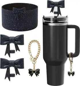 Cup Accessories Set for ,Including1Pcs  Boot Sleeve, 2 count Cute Glitter Bow Straw Cover Caps 10mm  Straw Toppers and 1 count Handle Charm for  Tumbler 30&40oz.