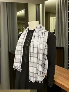 White and Black Cotton Shawl – Lightweight Traditional Men’s Afghan Scarf with Fringes 54”x54”