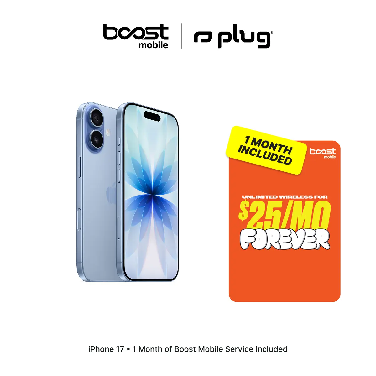 Refurbished Apple iPhone 17 (Unlocked) + 1 Month of Unlimited Boost Mobile Service Included - Good Condition with 1-Year Warranty by Plug