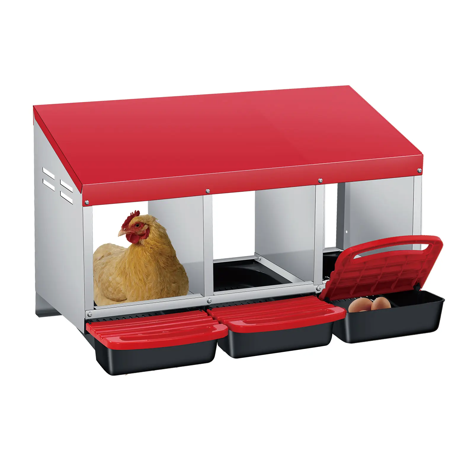 YJ-Garvee Roll Away Chicken Nesting Box,2/3/4-compartment,With/Without Stent,Galvanized Steel Hen Laying Box with Pull-Out Egg Collection Tray & Lid, Wall Mount or Freestanding Stand for Coop, Farm or Backyard,Blue/Green/Red/Orange
