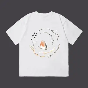 100% Pure Dark Blue Long-Sleeved Top, Printed with a Pattern of a Small Bird Surrounded by Branches summer women tshirt oversized women's