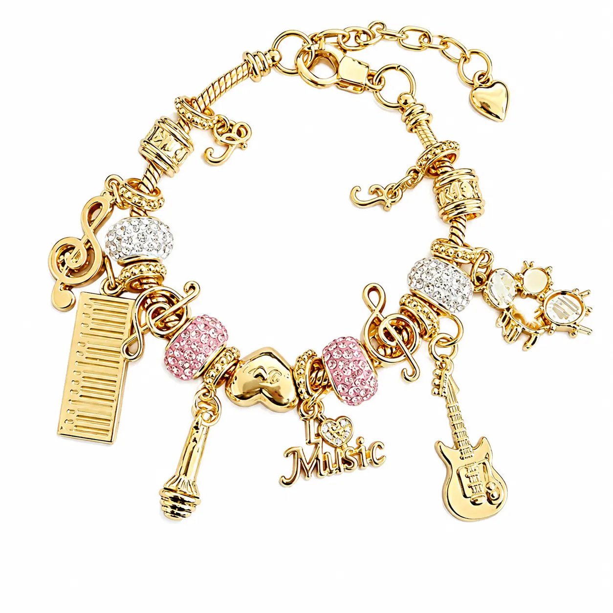 Pink Rhinestone Music Instrument Charm Bracelet, Gold Adjustable Snake Chain Beaded Bracelet, Guitar Microphone Drum Piano Music Note Wrist Jewelry, Cute Pop Music Themed Gift for Girl Musicians Teen Girls Music Lovers