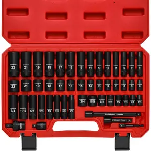 3/8 "Drive Impact Sleeve Kit, 49 piece set standard SAE and metric sizes (5/16 inch to 3/4 inch and 8-22 mm), 6-point, Cr-V steel sleeve kit