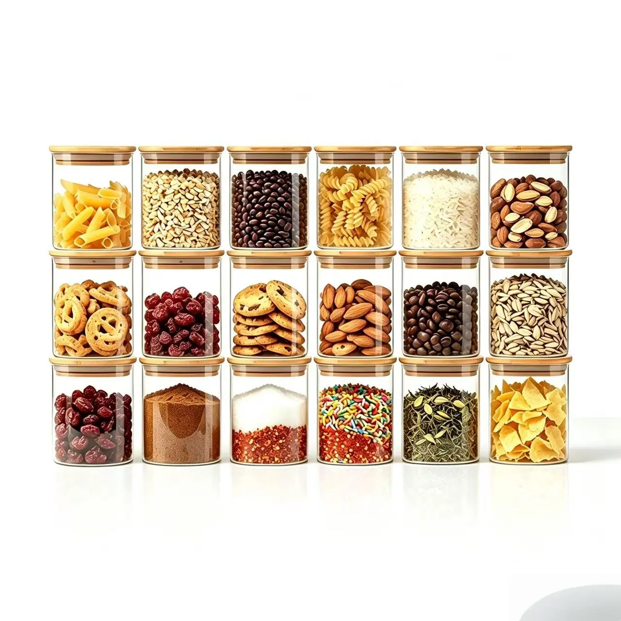 18pcs Clear Glass Storage Jars with Natural Bamboo Lids, Stackable Transparent Canisters for Rice Pasta Coffee Beans Nuts Spices Tea Pantry Dry Goods Storage