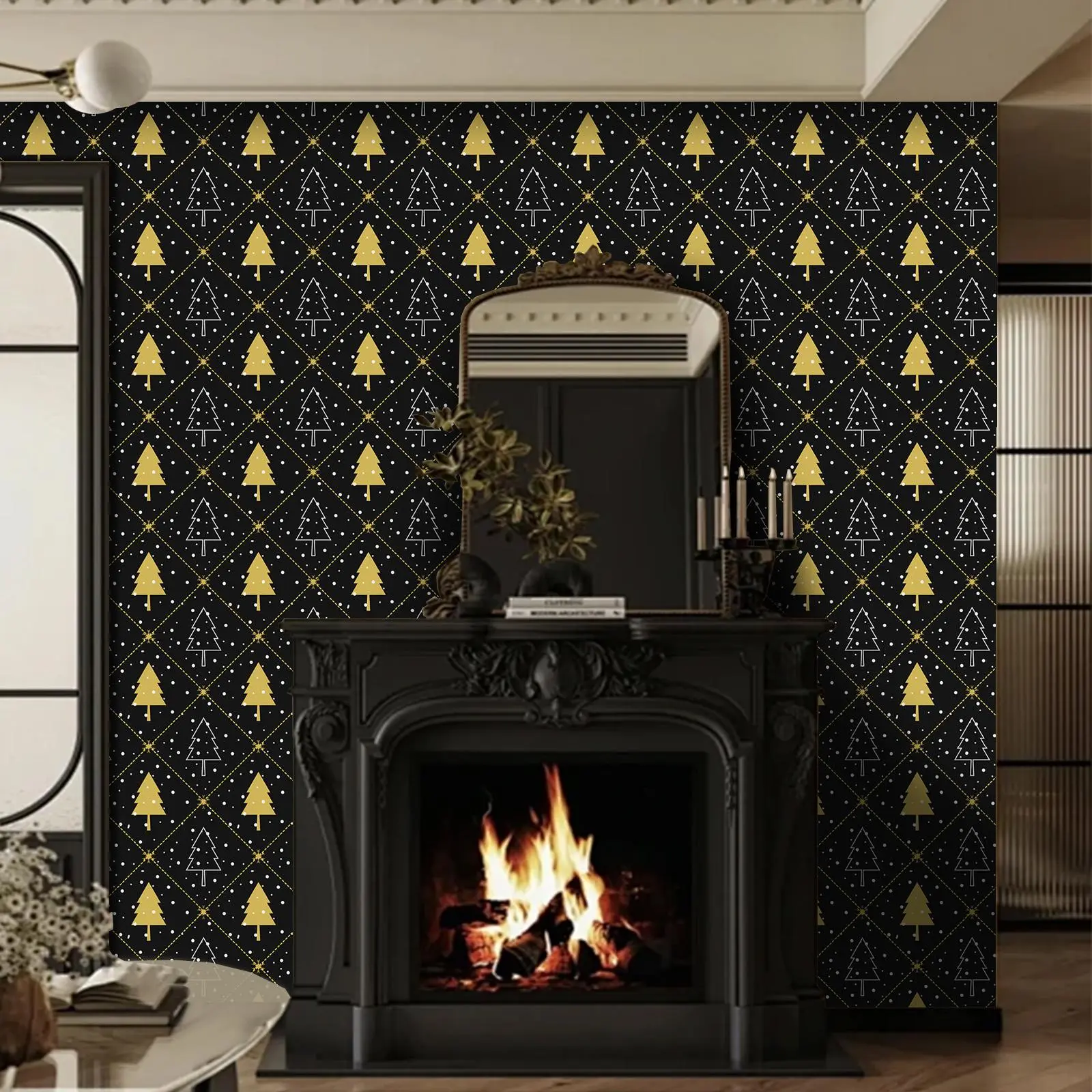 Christmas Tree Pattern Wallpaper, 1 Roll Self Adhesive Removable Wall Paper, Waterproof Wall Sticker for Gifts Fireplace Staircase Bedroom Living Room