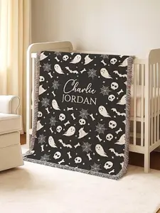 Personalized Halloween Baby Blanket: Spooky Nursery Decor Black & White Woven Cotton Crib Blanket