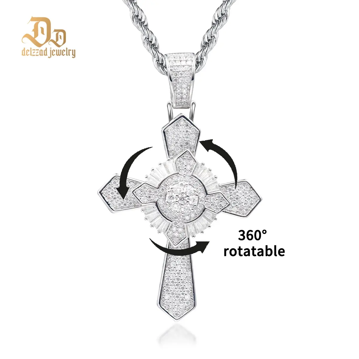Delzzad Brillant Iced Out Rotatable Cross Pendant Necklace Synthetic Moissanite Necklace S925 Chain Birthday Anniversary Mother's Day Christmas Gifts for Men Women Jewelry