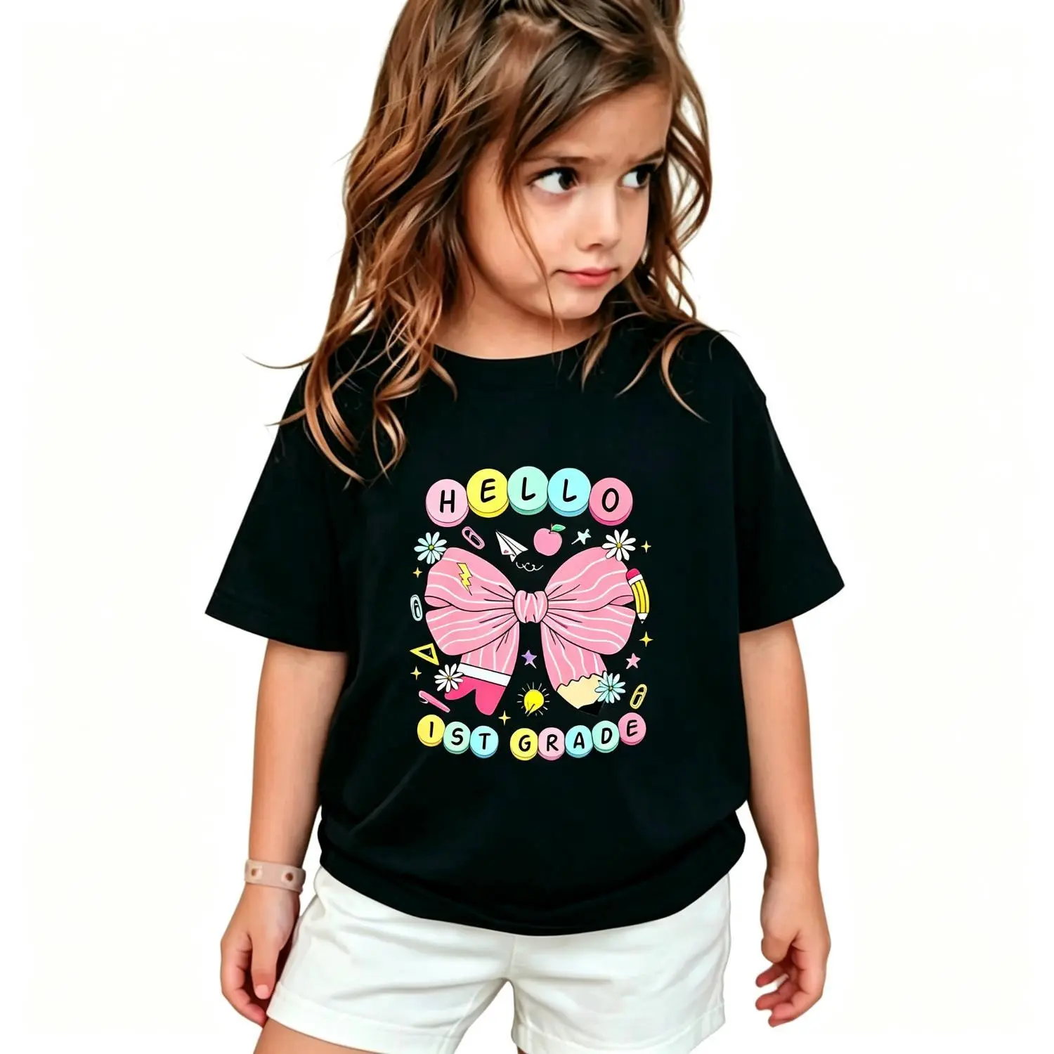 Girls' Back to School Graphic T-Shirt, Casual Cotton All Seasons Top with 'Hello First Grade' Bow Print for Kids 9-10 Years, Crew Neck, Cute, Striped, Loose, Short Sleeve Tops, Bow Graphic, Medium Stretch