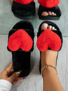 Women's Heart Pattern Slippers, Casual Soft Comfortable Home Slippers, Fuzzy House Slippers, Warm Slippers for Indoor & Outdoor Use for Fall & Winter, Non Slip Slippers, Footwear