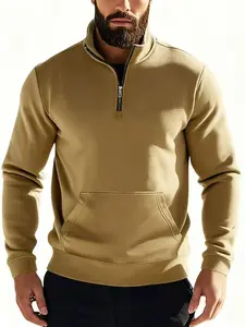Men's Vintage Casual Stand Collar Half-Zip Sweatshirt, Fall Winter Fleece Lined Loose Fit Commuter Pocket Pullover, Casual Cozy Sweatshirt