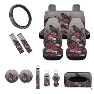 Gothic Raven & Skull Car Accessories Set – Universal Seat Covers, Steering Wheel Cover, Seat Belt Pads, Coasters,Keychains & Tissue Box | Dark Aesthetic Car Decor Halloween Auto Accessories