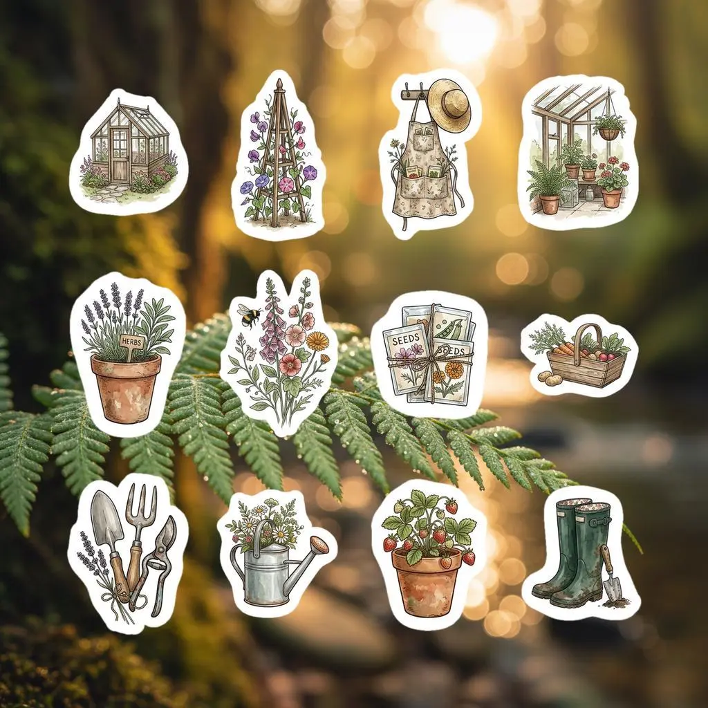 12 Pack Cottagecore Gardening Stickers, Vintage Watercolor Botanical Herb Decals