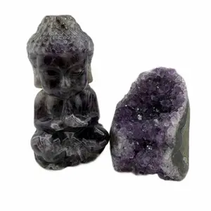 Amethyst Buddha Statue & Geode Set - Natural Healing Crystals for Home Decor & Meditation