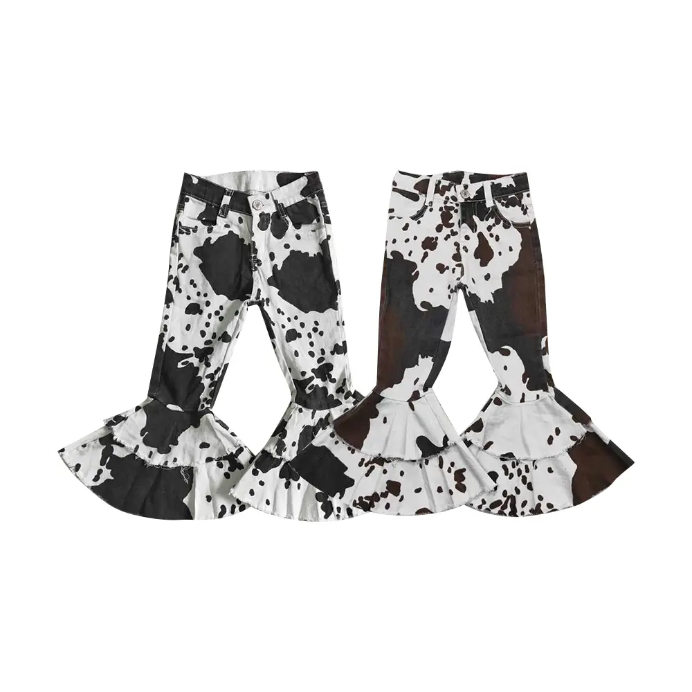 Aa-1 country western cow leopard Boutique girls double denim classic bell bottoms