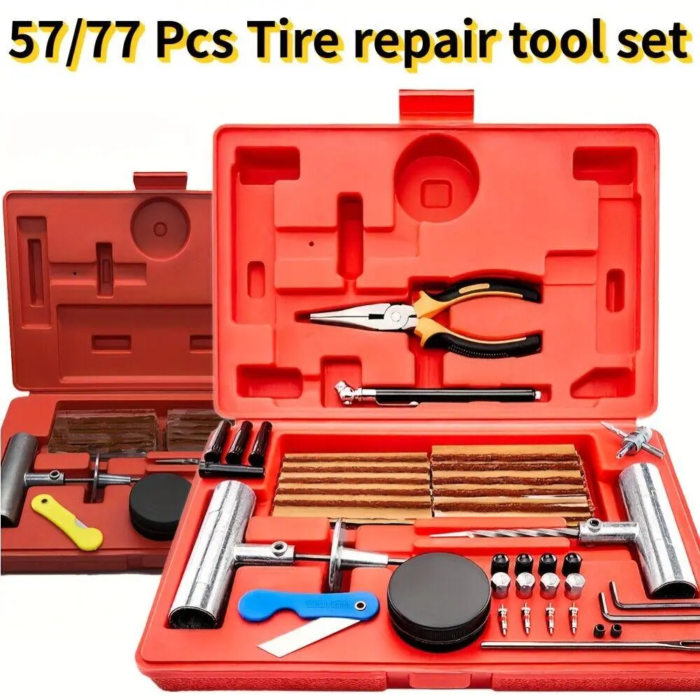 Heavy Duty Tire Plug Repair Kit (57 or 77-Piece) - Iron & PE Material Automotive Repair Tools, Flexible, Easy to Use, Multi-Vehicle Compatible (Car, ATV), DIY Maintenance Hand Tool Kit
