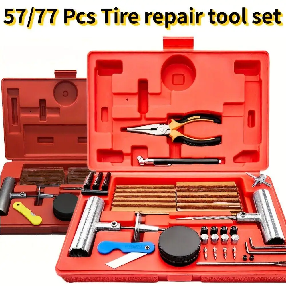 Tire Plug Repair Kit (57or77-Piece) - Heavy Duty Flat Tire Puncture Repair Kit with Iron & PE Materials, Flexible & Easy to Use, Suitable for Car, ATV