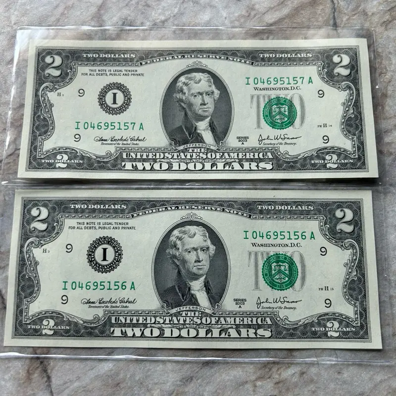 TWO DOLLAR BILLS - $2 UNCIRCULATED -2003 Minneapolis Fed. 2 Bills per Lot. Sequential Order.