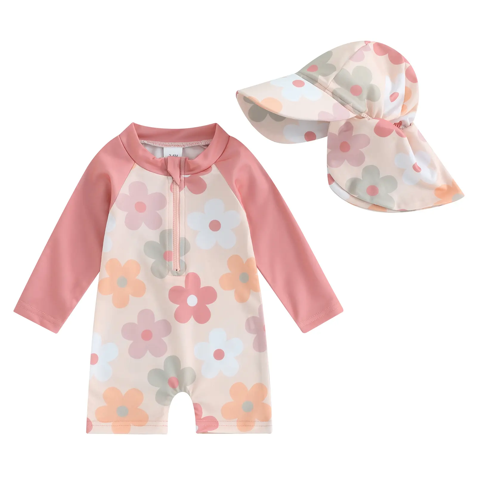 Cpzvucak Toddler Baby Girl Rash Guard Swimsuit 0-3 Years Floral Print Long Sleeve Swimwear Zipper  Bathing Suit With Swim Hat