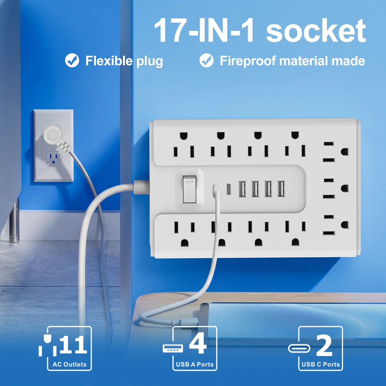 Surge Protector Power Strip - 5Ft Braided Extension Cord with 11 Outlets with 4 USB (1 USB C) Charging Ports, Flat Plug Multi Plug Outlet Extender Charging Station for Home Office, White