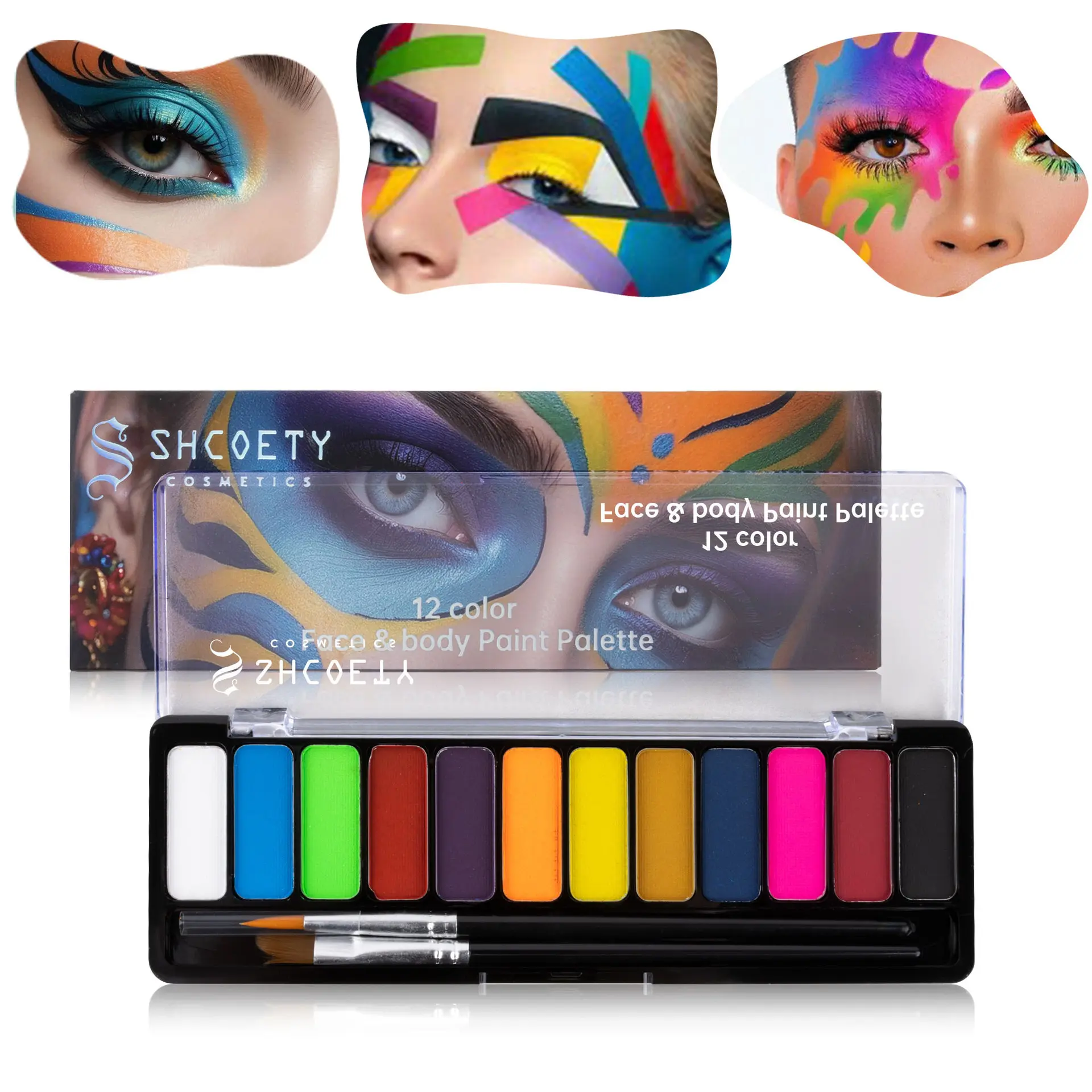 12 Colors Face Body Paint,Professional Large Face Painting Kit,Neon Face Painting Palette,Water-Based Non-Toxic Special Effect SFX Makeup Kit,Halloween Costume Cosplay For Adult With 2 Brushes