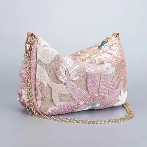 Cute Flower Embroidery Women Shoulder Bags Fashion Sequin Chains Crossbody Bag Summer Casual Beach Bag Hobos Handbag and Purse