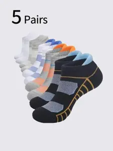 5 Pairs Men's Sport Socks, Unisex Anti-Slip Durable Shock Absorption, Fashion Striped Design, All-Season Running Basketball Socks, Athletic Running Socks