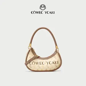 CÔWEC YCAKI COWEC YCAKI Crescent Hobo Bag for Women, Vintage Monogram Underarm Shoulder Bag with Adjustable Crossbody Strap, Double-Sided Design, Durable Fabric Purse for Daily Use