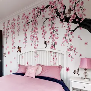 Blossom Tree Wall Stickers,4 Sheets Pink Bird Wall Decals Peel and Stick Waterproof Wall Murals Decor for Living Room Bedroom (Pink, 11.8 * 35.4inch)