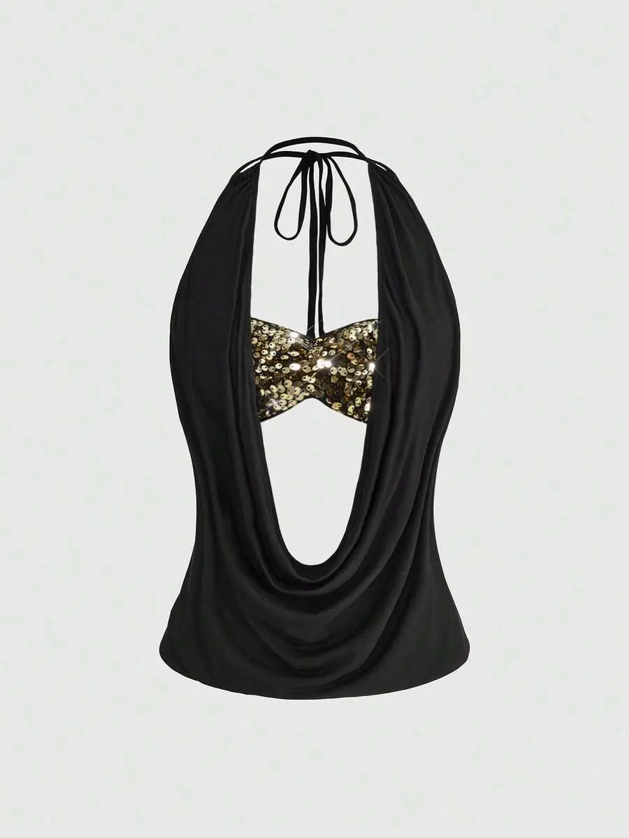 Elamini x Women's Y2K Sexy Backless Draped Neck Sequin Crop Top (Includes Sequin Camisole)