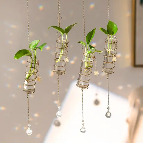 Boho Plant Propagation Station with Crystal Suncatcher - 4-Piece Hanging Glass Jars, Window Rooting Vase, Crystal Attachment Hanging Decor, Handmade Design, Boho Charm, Convenient Window-Side Care, Gift for Planters, Handmade Glass Feels Luxe