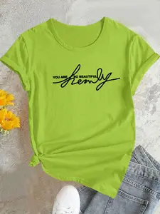 Women's You Are Beautiful Letter Print Crew Neck Tee, Casual Short Sleeve T-Shirt for Daily Wear, Ladies Clothes for All Seasons, Top
