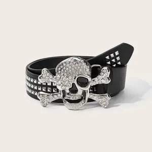 Studded belt with multiple holes, American-style wide belt, versatile for both men and women, punk rock nightclub personalized skull belt