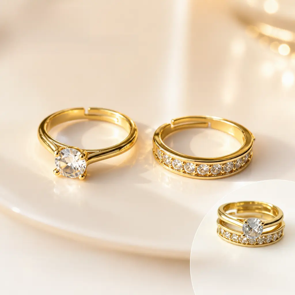 14K Gold Plated Adjustable Couple Rings Set for Women Men, Hypoallergenic Brass Open Stackable Promise Rings with A Grade Zirconia, Matching Wedding Engagement Band for Valentine's Day, Promise Jewelry Gift for Her Him, Non Tarnish Comfort Fit