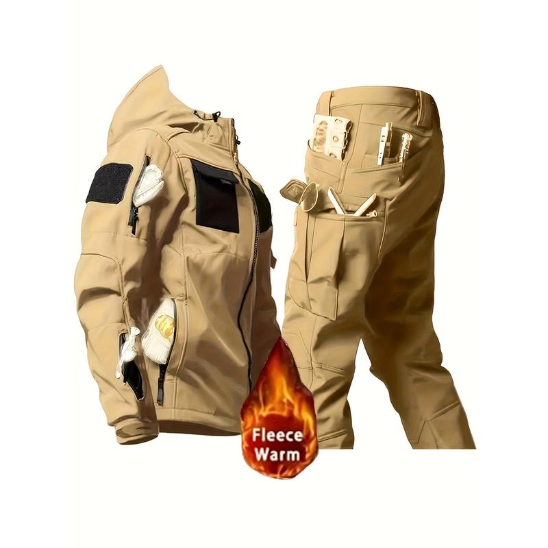 Men's Windproof Fleece Lined Hooded Jacket and Set, Multi-Pocket Design - Durable Polyester Outdoor Gear, Suitable for Hiking, Camping Riding and Camping Accessories tracksuit outfit Unisex Street Style Hoodsolid color long sleeve hoodiathletic activewear