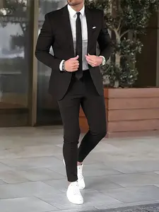 Men'S Slim-Fit 2pcs Suit Set - Navy Blue Business Casual Jacket & Trousers with Notched Lapel, Long Sleeves, and Button Details for Weddings, Parties, and Formal Events, Formal Attire|Slim Fit Suit|Durable Fabric