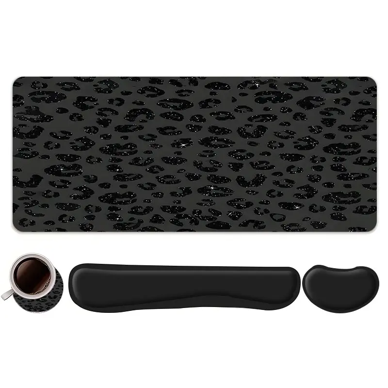 4pcs Black Leopard Print Glitter  Design Mouse Pad + Keyboard Wrist Rest + Ergonomic Mouse Pad + Coaster Set For Desktop Decoration, Office Accessories Set Ergonomic Wrist Support, Computer Mat Mouse Pad Coaster Suitable For Home Office Gaming Mousepad