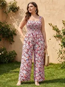 Plus Size Women's Floral Boho Bohemian Wide Leg Jumpsuit, Summer Ruched Square Neck Romper, Casual Fashion Pants for Ladies