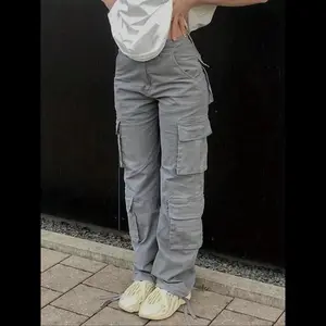 Plain Button Pocket Cargo Pants, Drawstring Casual Streetwear Trousers for Women All Season Daily Bottoms