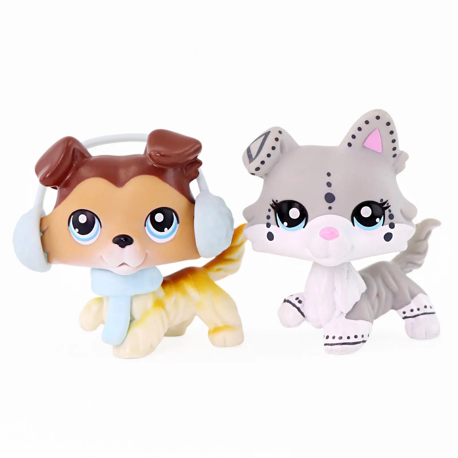 2 Pcs Mini Cute Pet Dog Figures Set, Small Collectible Puppy Toy Figurines with Winter Accessories, Hand Painted Tiny Animal Statues for Kids Play, Cake Topper, Dollhouse Decor, Gift for Girls Boys Age 4+