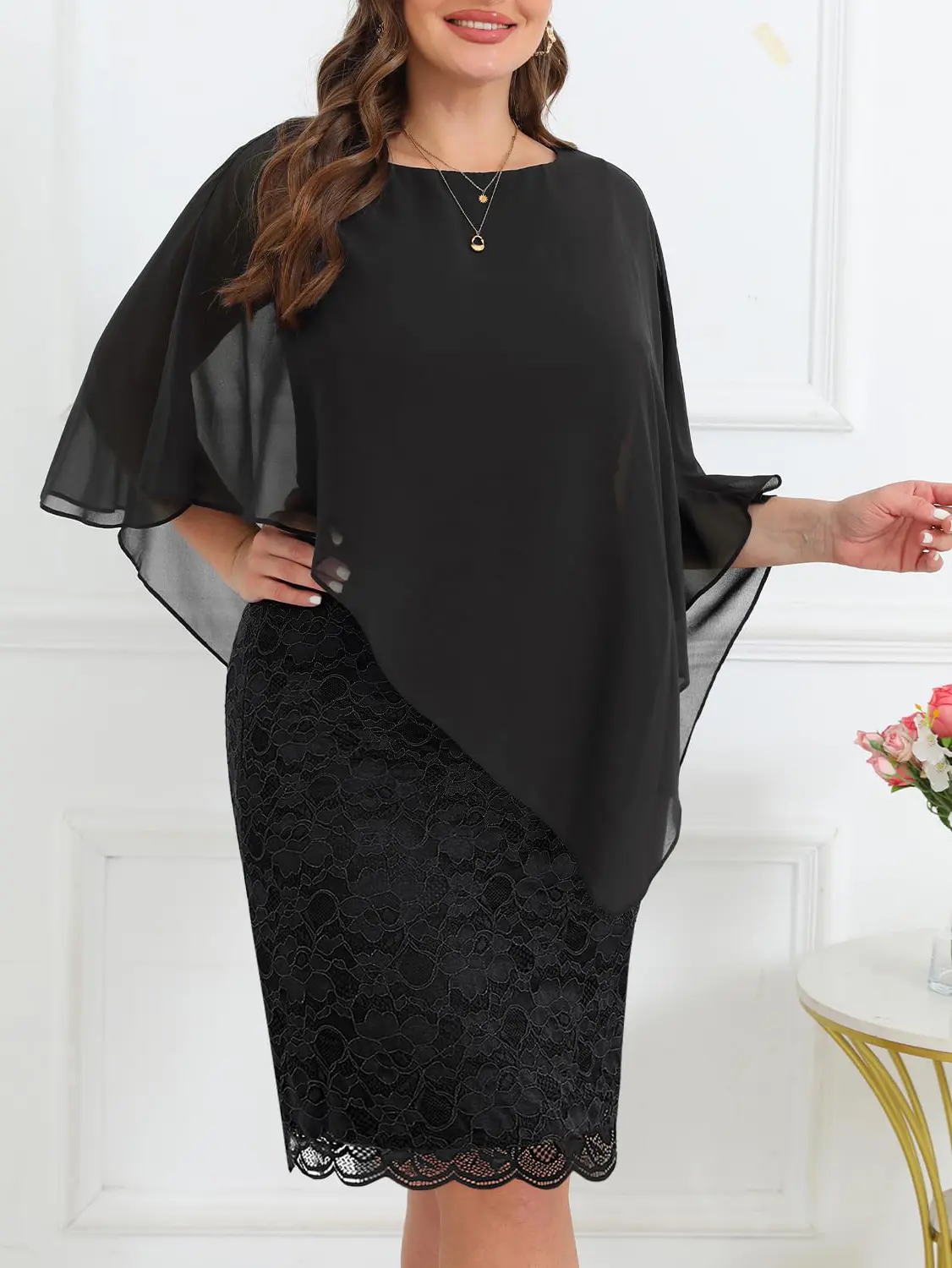 Plus Size Lace Midi Dress, Elegant A-Line Chiffon Cape Formal Wear for Wedding Guests and Parties, Formal Dresses For Women, Cape Sleeve, Style, Wedding Guest Dresses