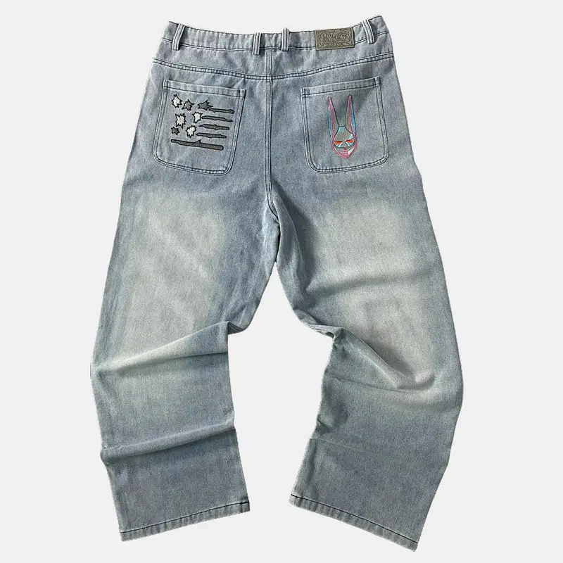 Men's Anime Inspired JoJo's Bizarre Adventure D4C Mid-Waist Knee-Length Denim Pants - Embroidery, Pocket, Casual Street Wear, Minimalist Basic Outfits for Anime Fans
