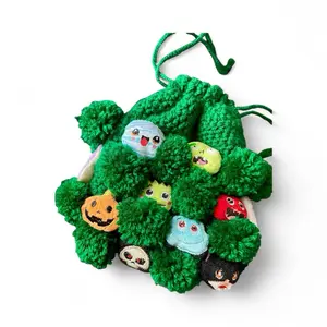 Halloween Mini Monster Plush Crochet Bag - Green Drawstring Bag with Cute Monster Characters Inside by Knotti Nia