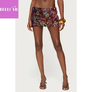 Belle Vie Women's Gold Sequin Mini Skirt Glitter Low Waist Pencil Skirt Bodycon Dance Party Club Short Skirt Womenswear Bottom Elastic Fit