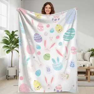 Easter Bunny and Colorful Egg Pattern Flannel Blanket  Soft Cozy Lightweight Warm Throw for Sofa Bedroom Office Spring Home Décor Gift