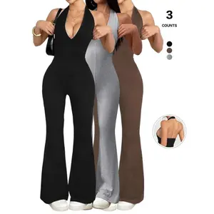 Women's collar jumpsuit, sleeveless deep V-backless design, flared leg jumpsuit suitable for casual wear