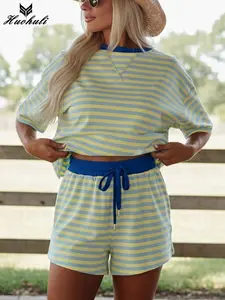 Women's Yellow Stripe Terry Short Sets Drop Shoulder Tees Casual Summer Outfits Boxy Fitting T Shirts Two Piece Tracksuits Soft Loungewear Beach Wear Workout Clothes Activewear Pajamas