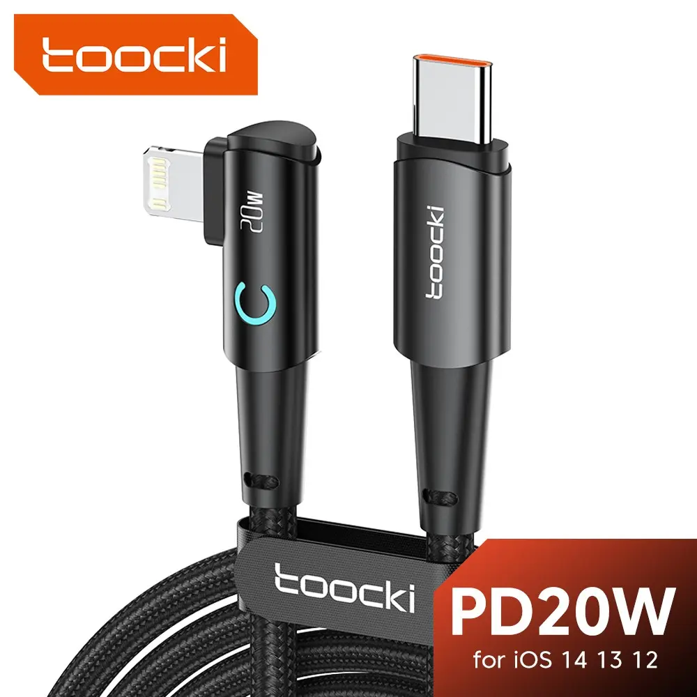 Toocki PD 20w Fast Charging Cable, Nylon Braided USB-C to Lightning, 90 Degree Bent Design, Compatible with iPhone 14/13/12/11/x/8/7/6/5s, Durable for Travel