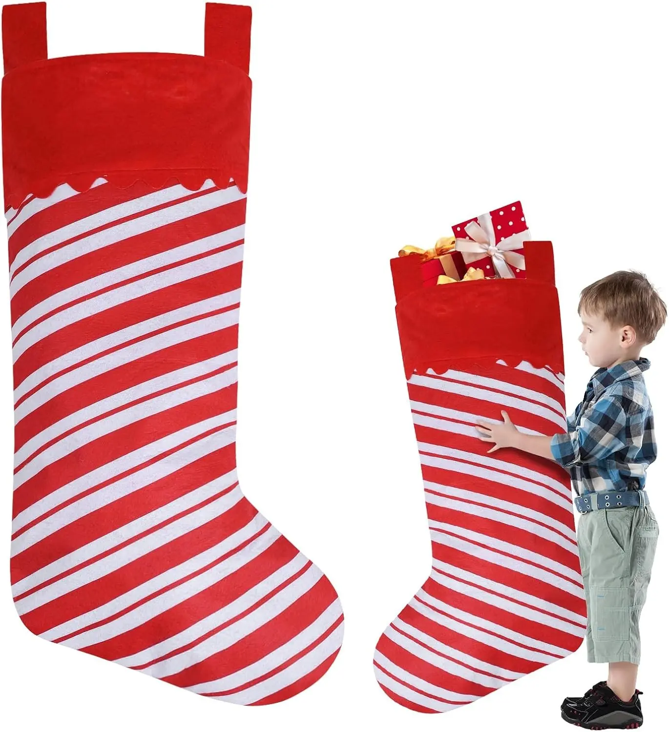 2 Pack 38 Inches Jumbo Candy Cane Red and White Felt Christmas Stockings for Xmas Tree Fireplace Hanging Holiday Party Family Home Decorations